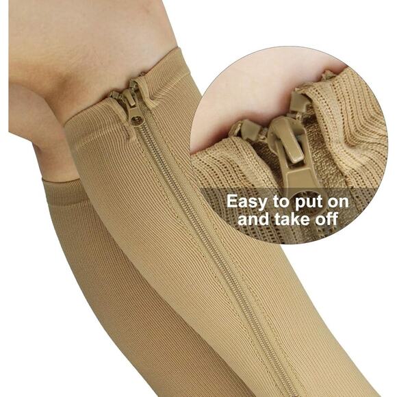 3 Pairs Zipper Compression Socks Women Open Toe Beige XXL - Picture 3 of 7